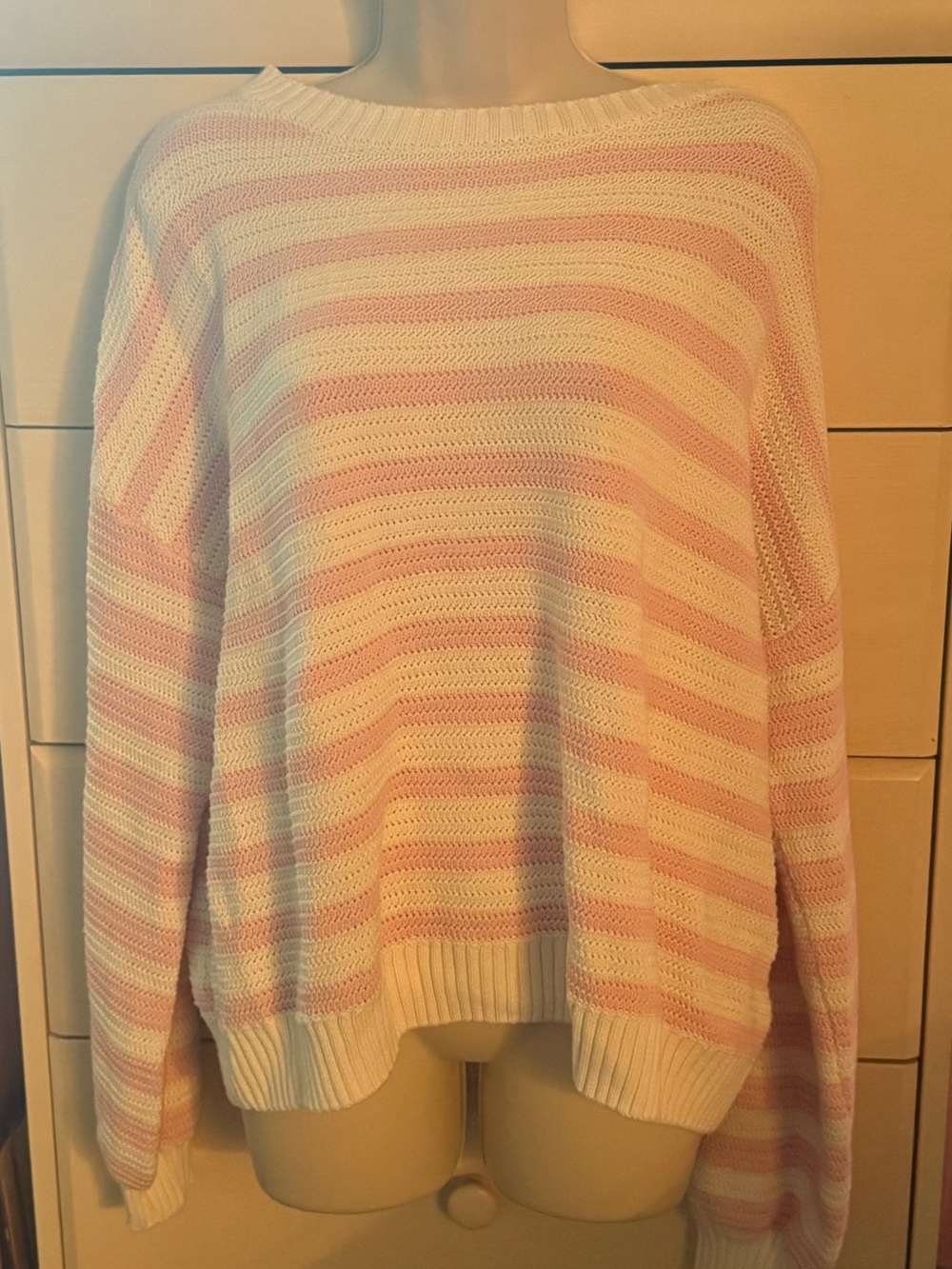 EDIKTED White and Pink Striped Crewneck Sweater